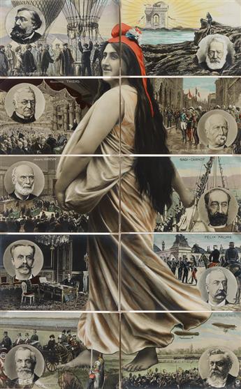 (COMPOSITES) Pair of carte-postale composites, each with 10 tinted postcards of dramatic, French historical scenes.